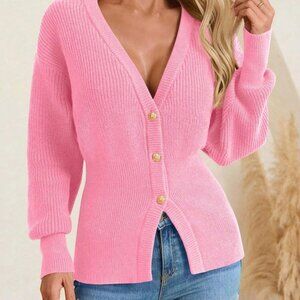 Pink Casual Women's Chunky Knit Open Cardigan